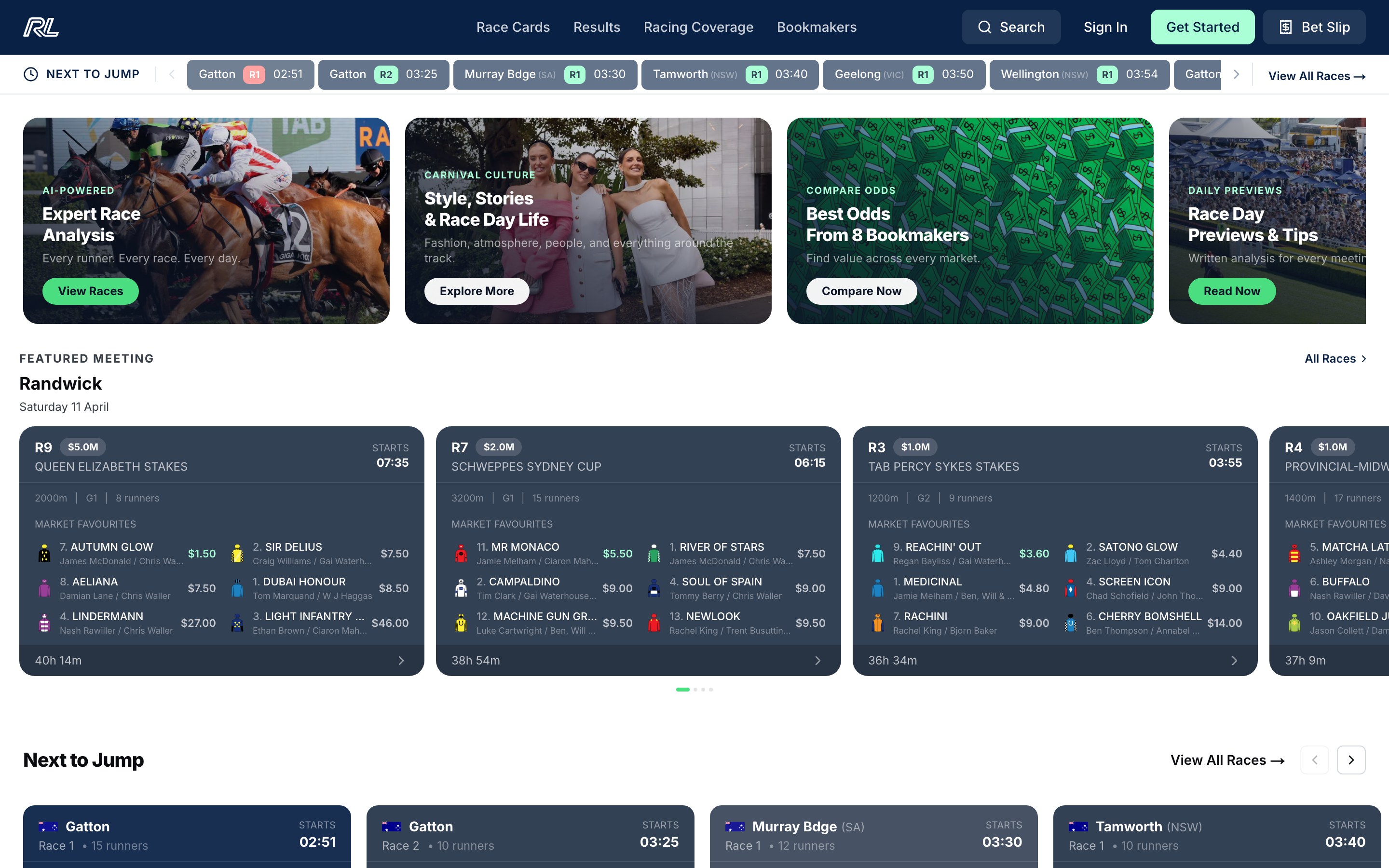 Live homepage — race cards, featured meeting, next-to-jump